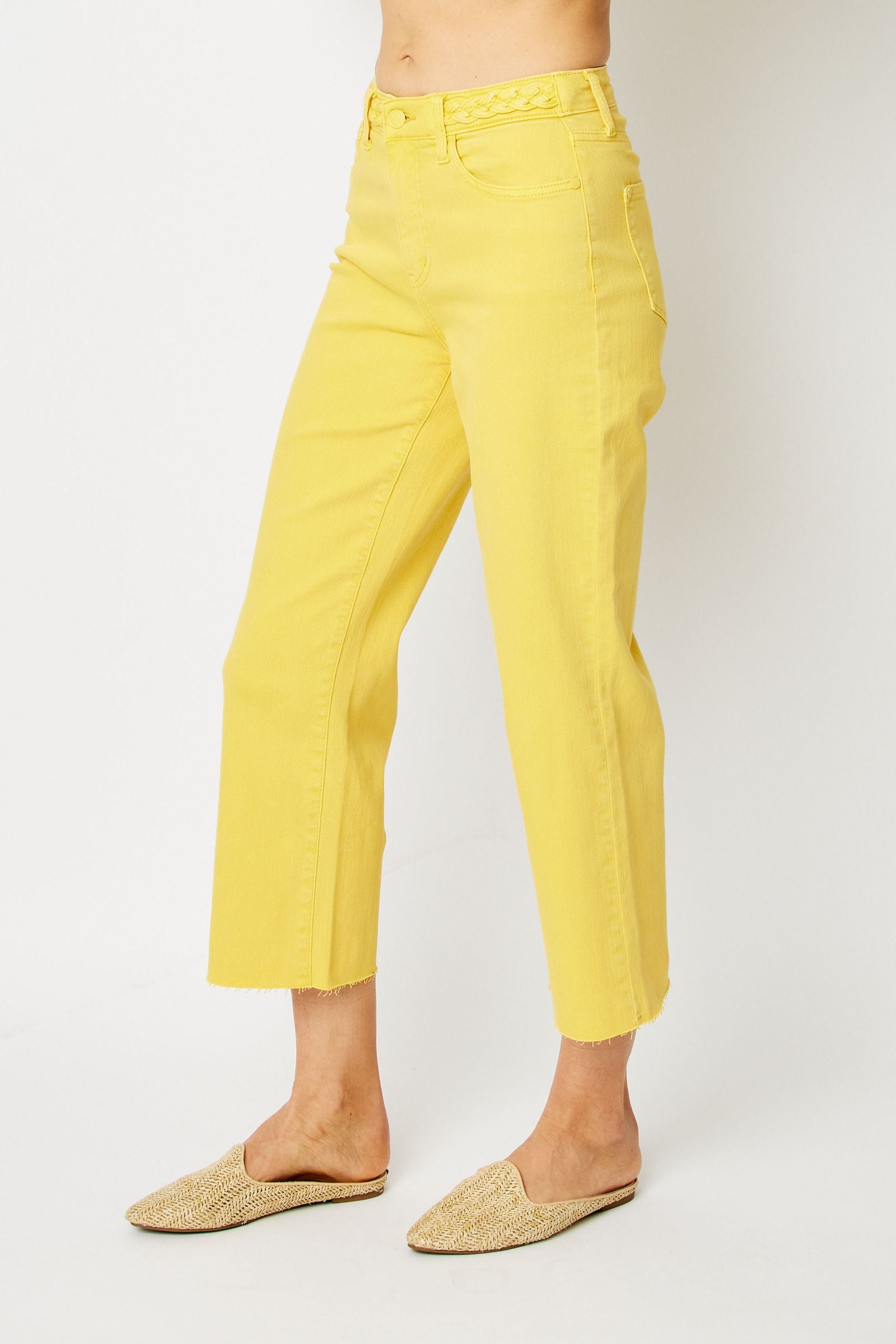 YELLOW HIGH WAIST GARMENT DYED BRAIDED WAISTBAND CROP WIDE LEG DENIM JUDY BLUE