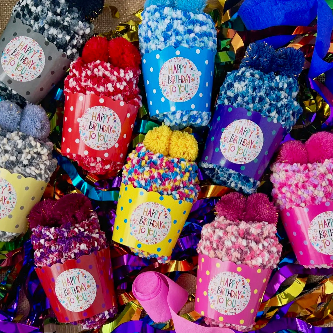 HAPPY BIRTHDAY COZY CUPCAKE SOCKS HANDCRAFTED BY DAISY DUNES