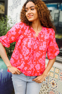 RED PINK RIBBON BOW FLORAL WOVEN TOP-PLUS