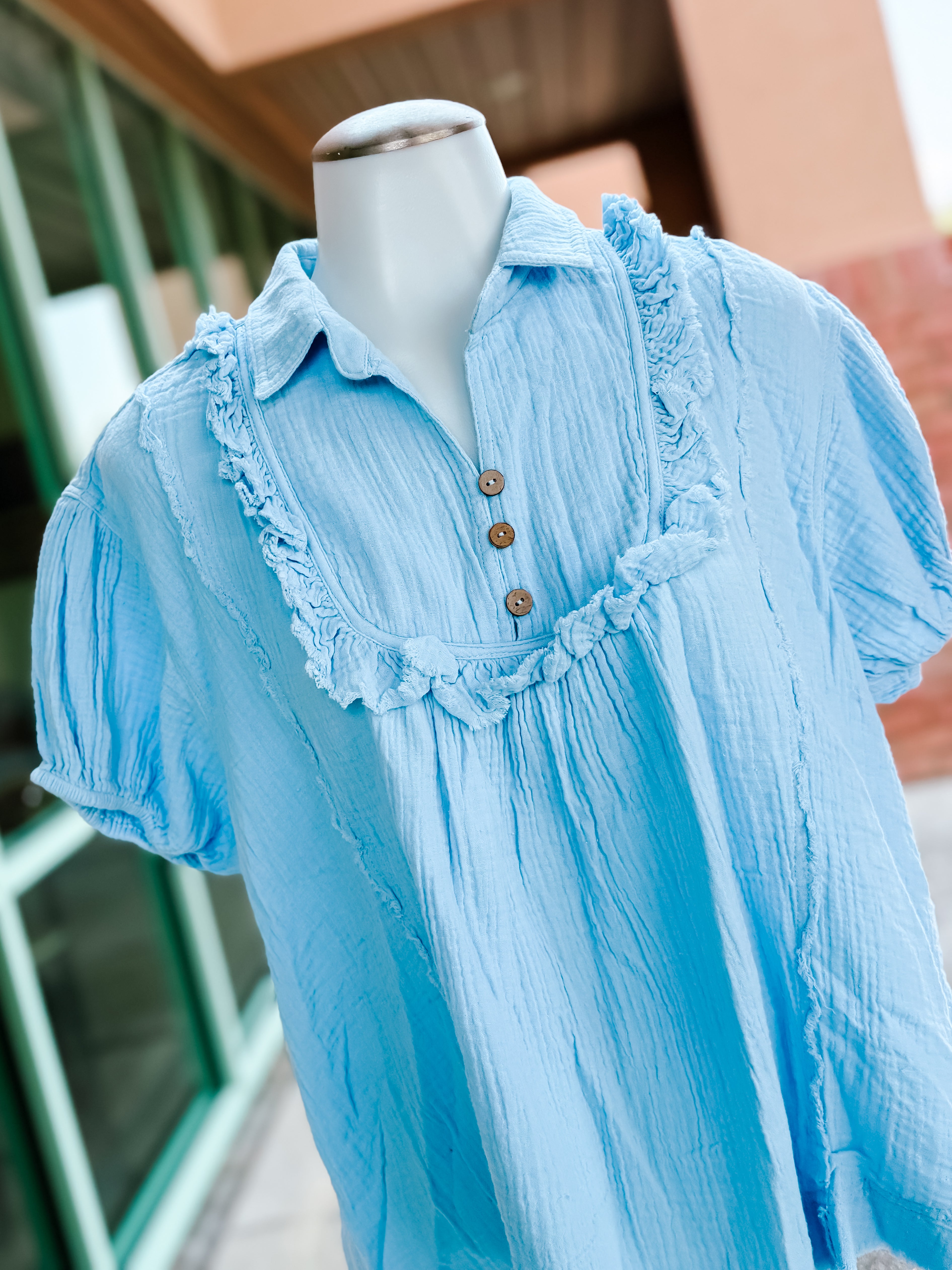 Blue Linen Cotton Frayed Yoke Collared Top- SALE
