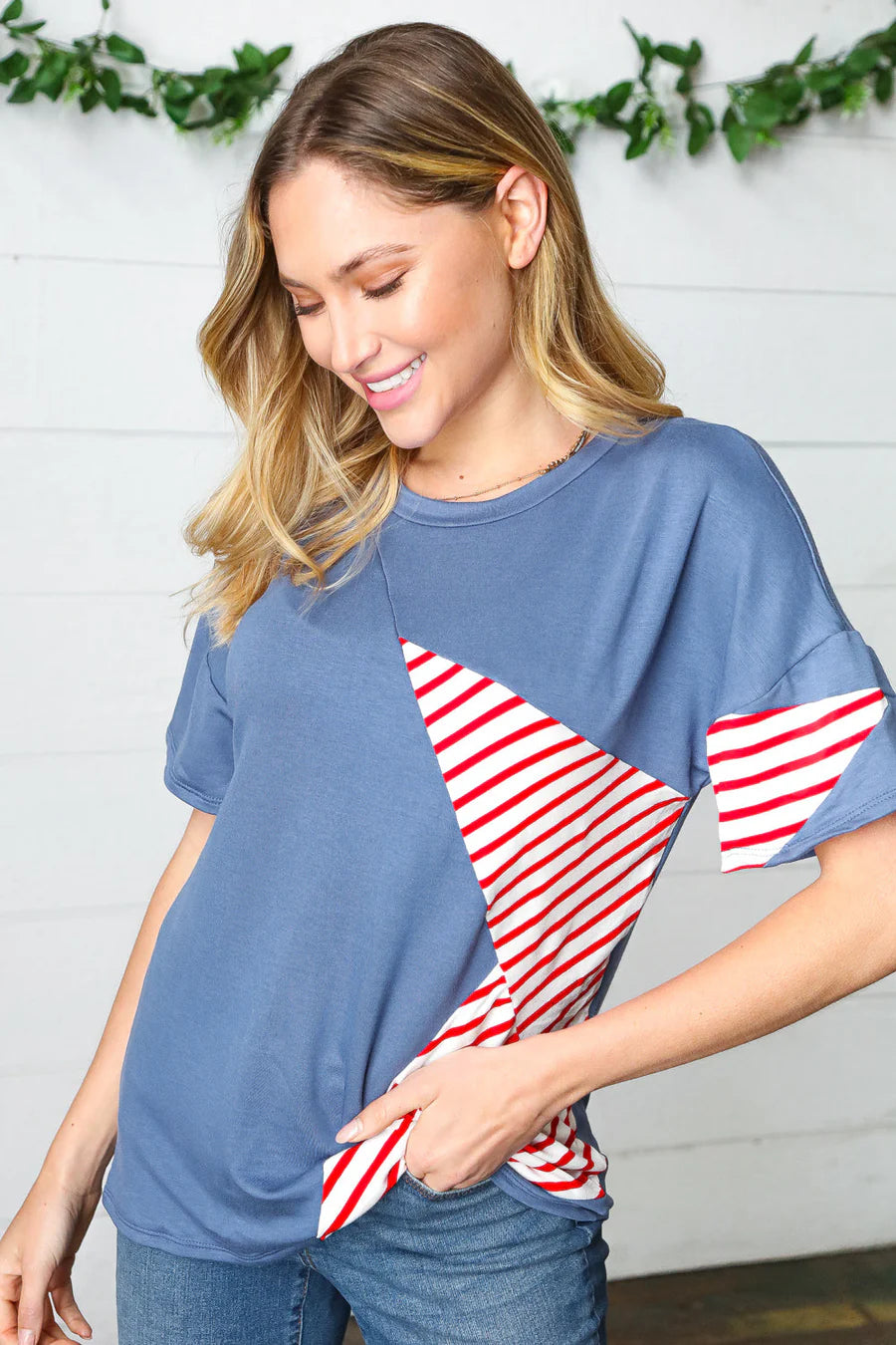 RED BLUE STAR STRIPE DETAIL FRENCH TERRY PATRIOTIC TOP- MEDIUM