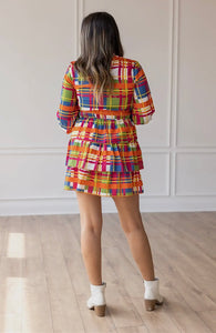 COLORFUL PLAID MOCK NECK RUFFLE DRESS