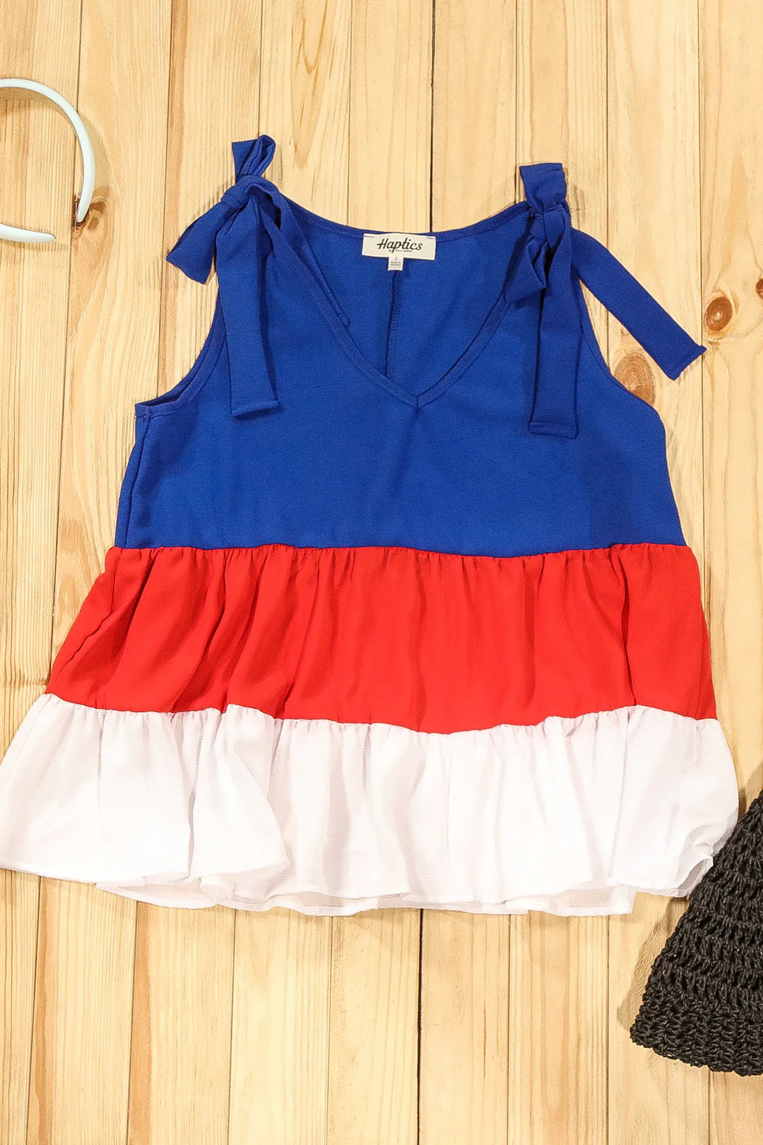 RWB TIERED COLOR BLOCK VNECK TIE BOW SHOULDER WOVEN TANK- SALE