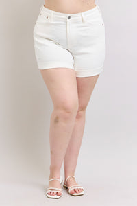 WHITE DOUBLE ROLL CUFFED JUDY BLUE SHORTS-PLUS