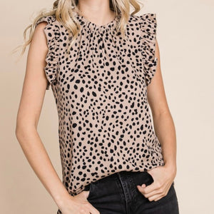 KHAKI LEOPARD PRINT RUFFLE CAP SLEEVE KNIT TOP-PLUS