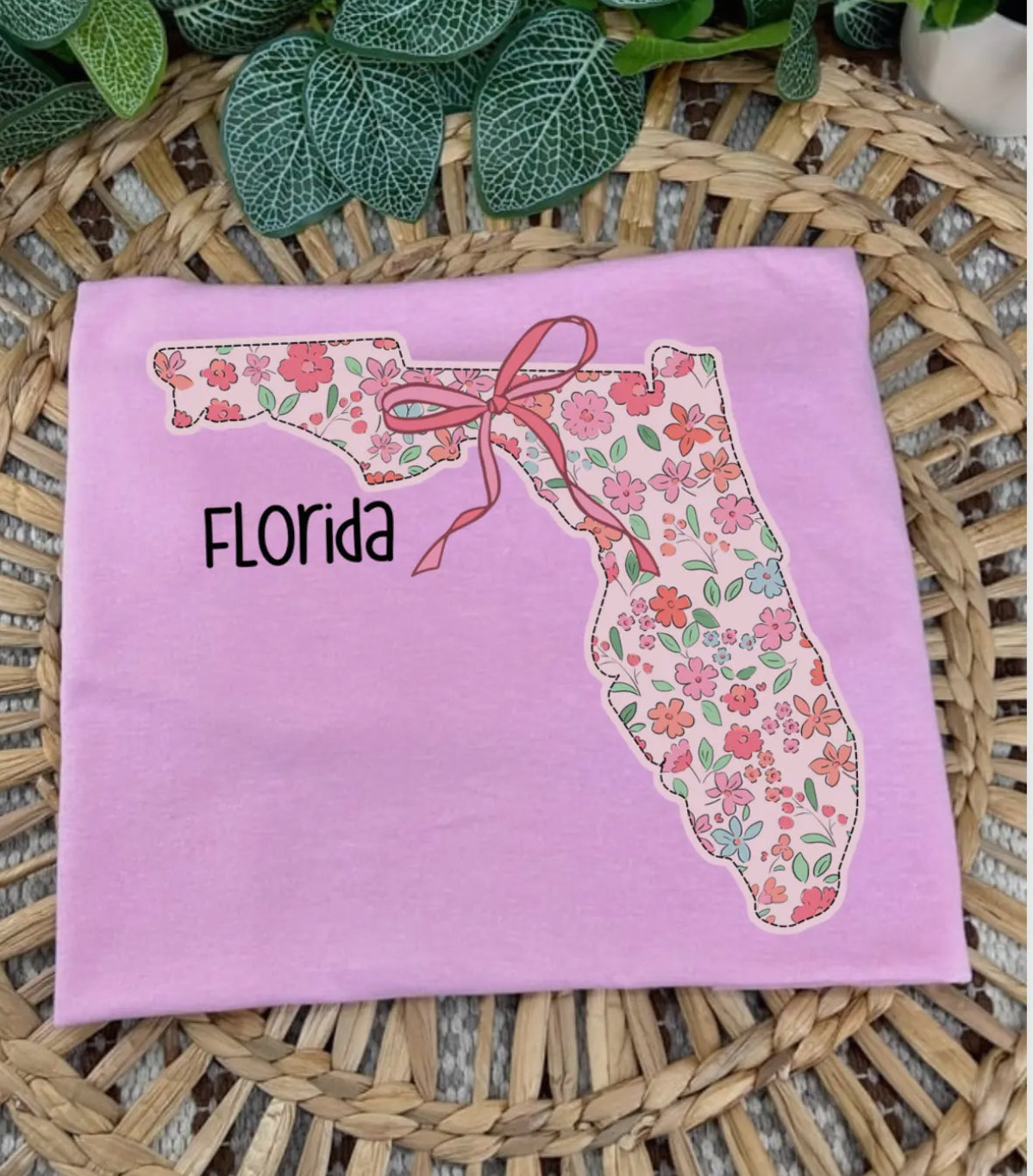 FLORIDA STATE SHAPE WITH RIBBON/BOW FLORAL PRINT ON PINK TEE