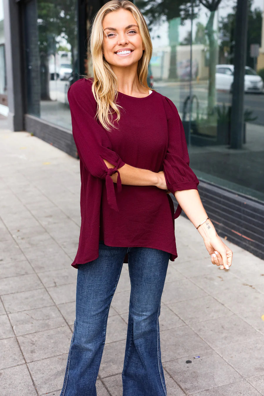 WINE CREPE WOVEN TIE SLEEVE BUBBLE BLOUSE