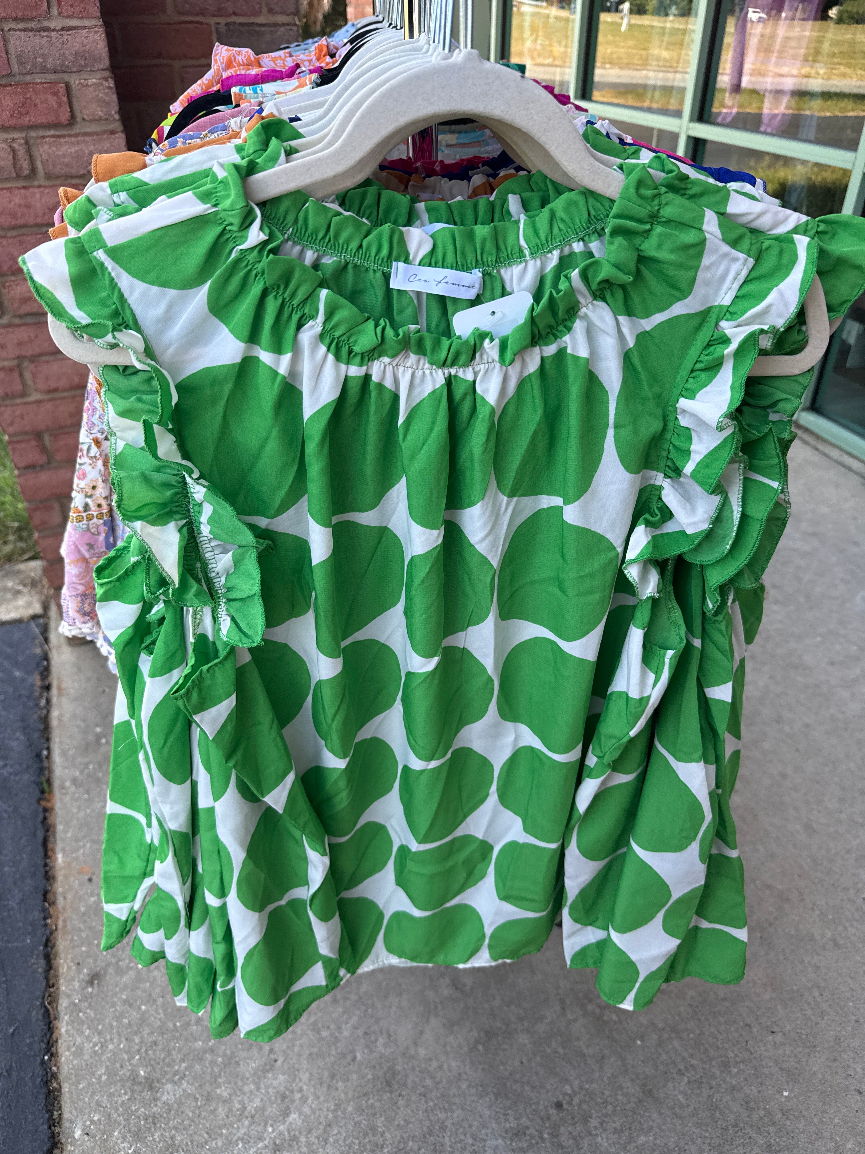 Green Ivory Big Polka Dot Ruffle Blouse- PLUS- SALE