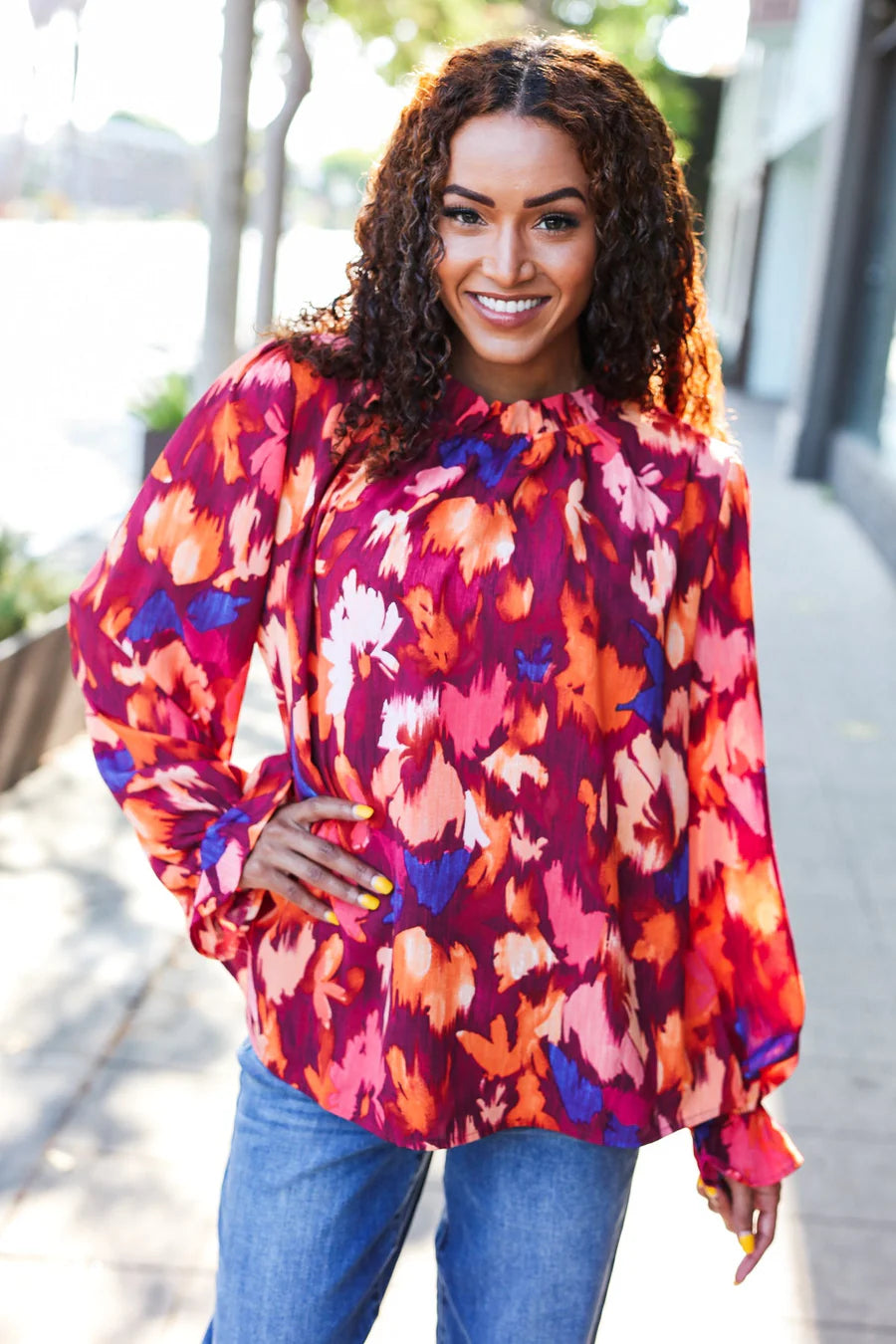 WINE MAGENTA BERRY FLORAL PRINT MOCK FRILLY NECK TOP