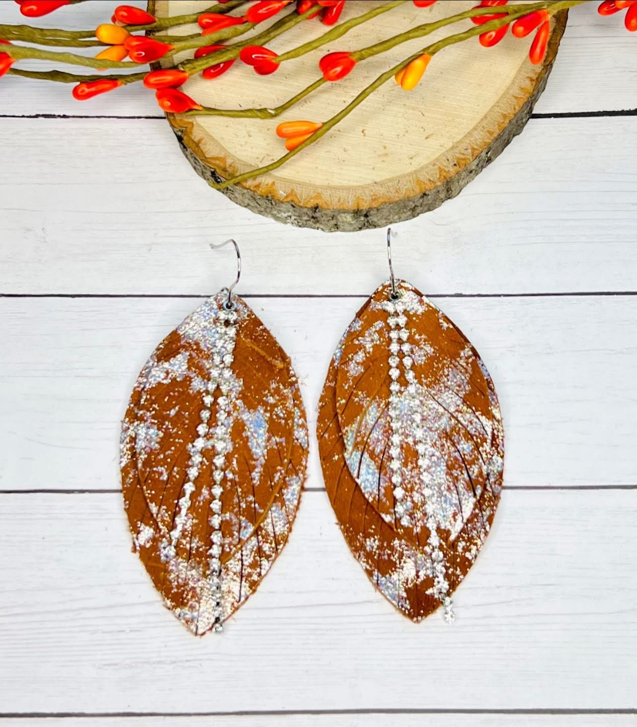 RUST LEATHER DIAMOND SHAPE RHINESTONE DOUBLE LAYERED FRINGE SILVER IRIDESCENT METALLIC HANDMADE EARRINGS BY B.O.D