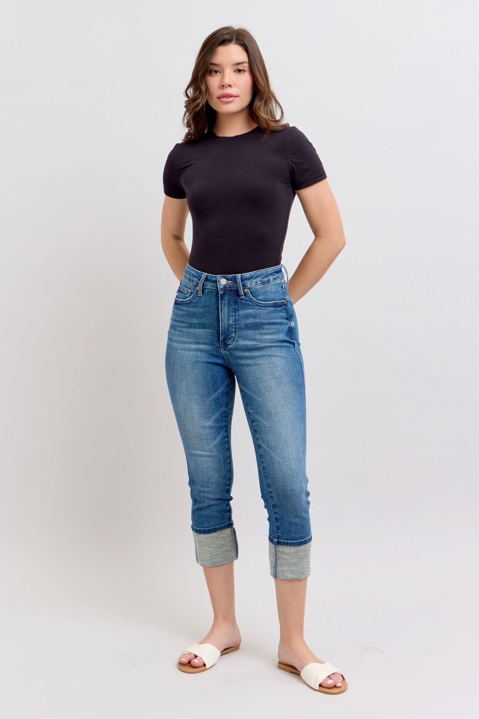 HIGH WAIST TUMMY CONTROL MEDIUM WASH BACK SHIELD POCKETS & CUFFED CAPRIS JUDY BLUE DENIM-PLUS