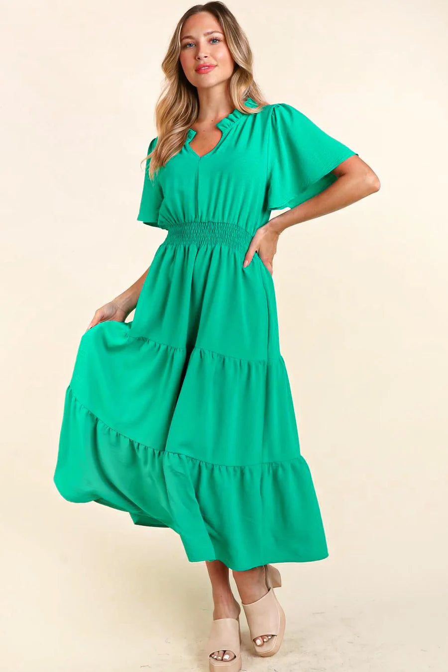 GREEN MAXI TIERED SMOCKED WAIST SIDE POCKETED DRESS