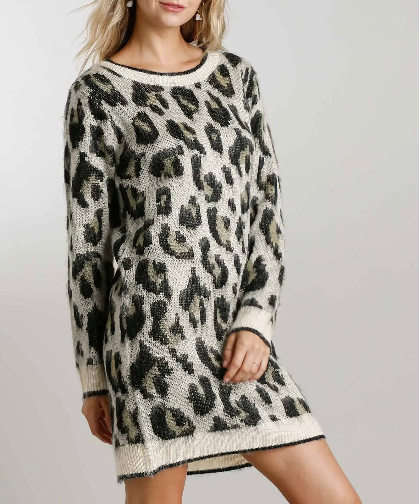 CREAM LEOPARD ANIMAL PRINT WITH SAGE & OLIVE COLORS SWEATER TUNIC DRESS