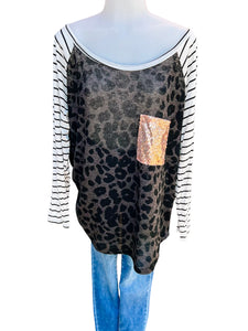 Animal Stripe Raglan Sequin Pocket Top-PLUS