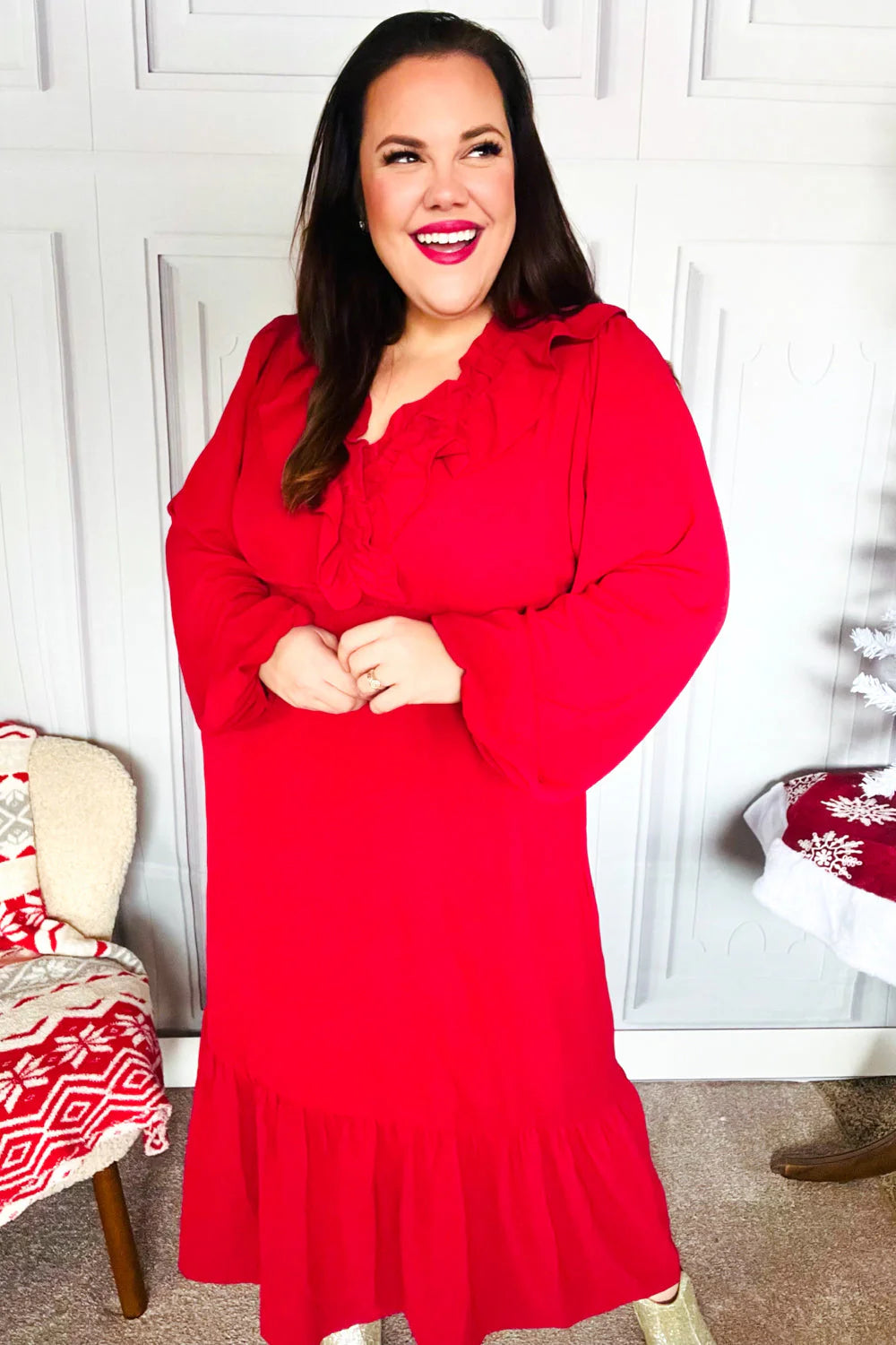 RED BEAUTIFUL YOU HOLIDAY RUFFLE SURPLICE VNECK MAXI DRESS-PLUS
