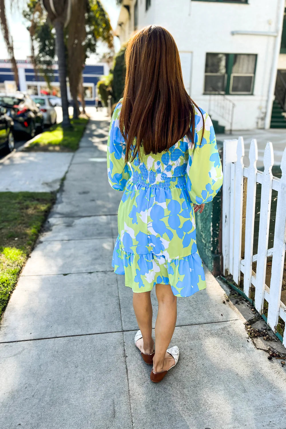 BLUE & LIME GREEN FIT & FLARE SMOCKED DRESS