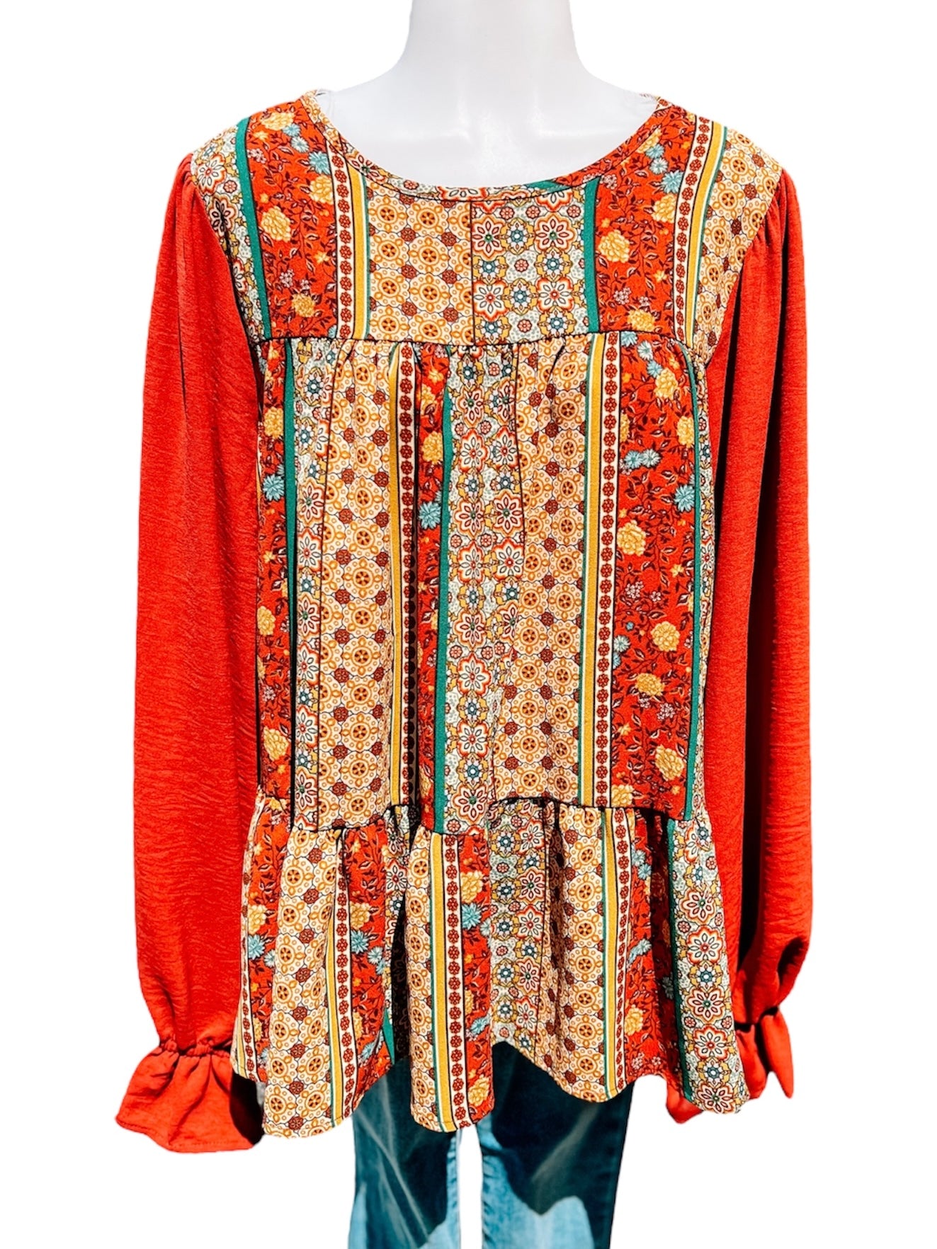 Rust Color Block Boho Longsleeve Printed Top