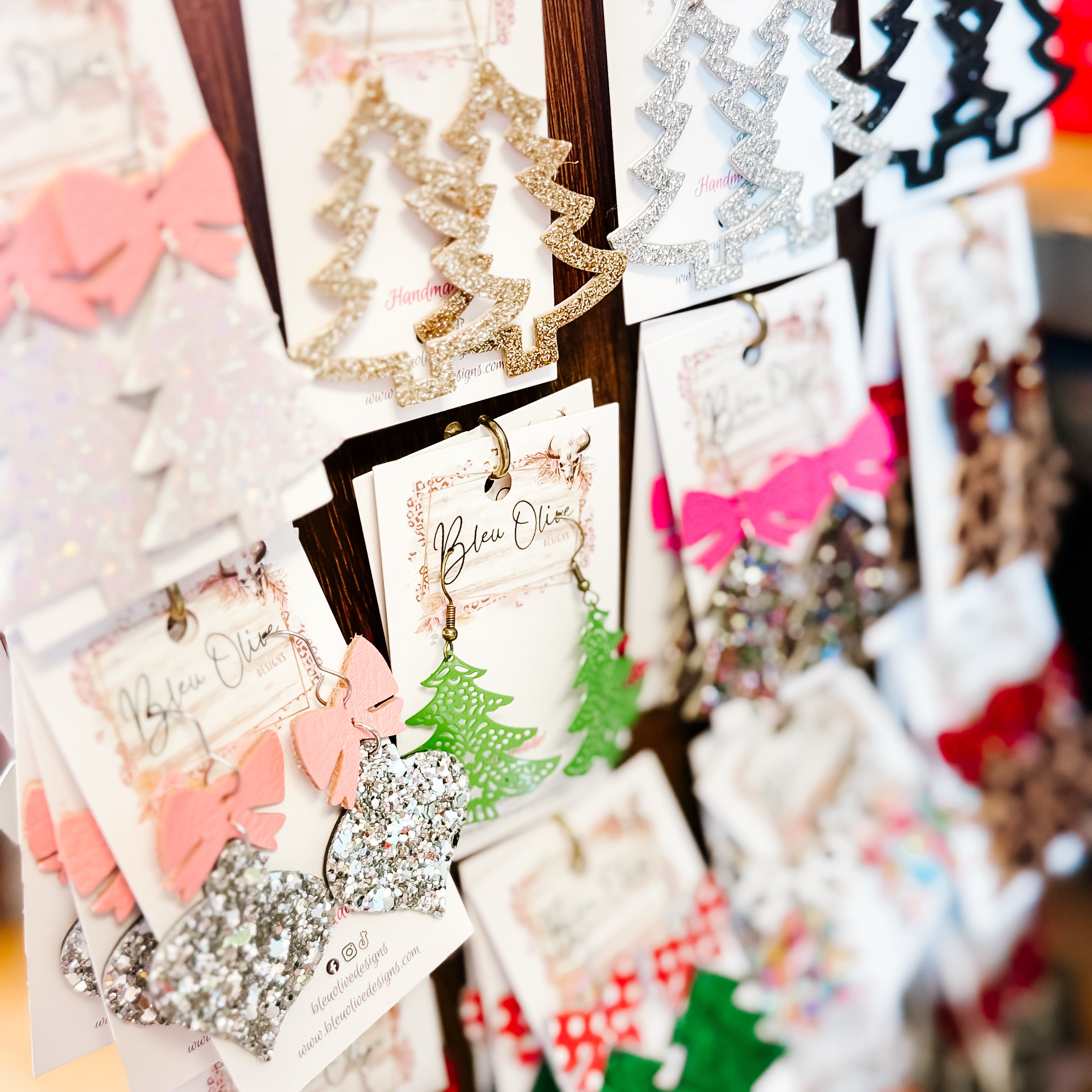 GLITZ & GLAM CHRISTMAS TREE BOW RIBBON TOPPER LIGHTWEIGHT LEATHER DANGLY HANDMADE EARRINGS BY B.O.D