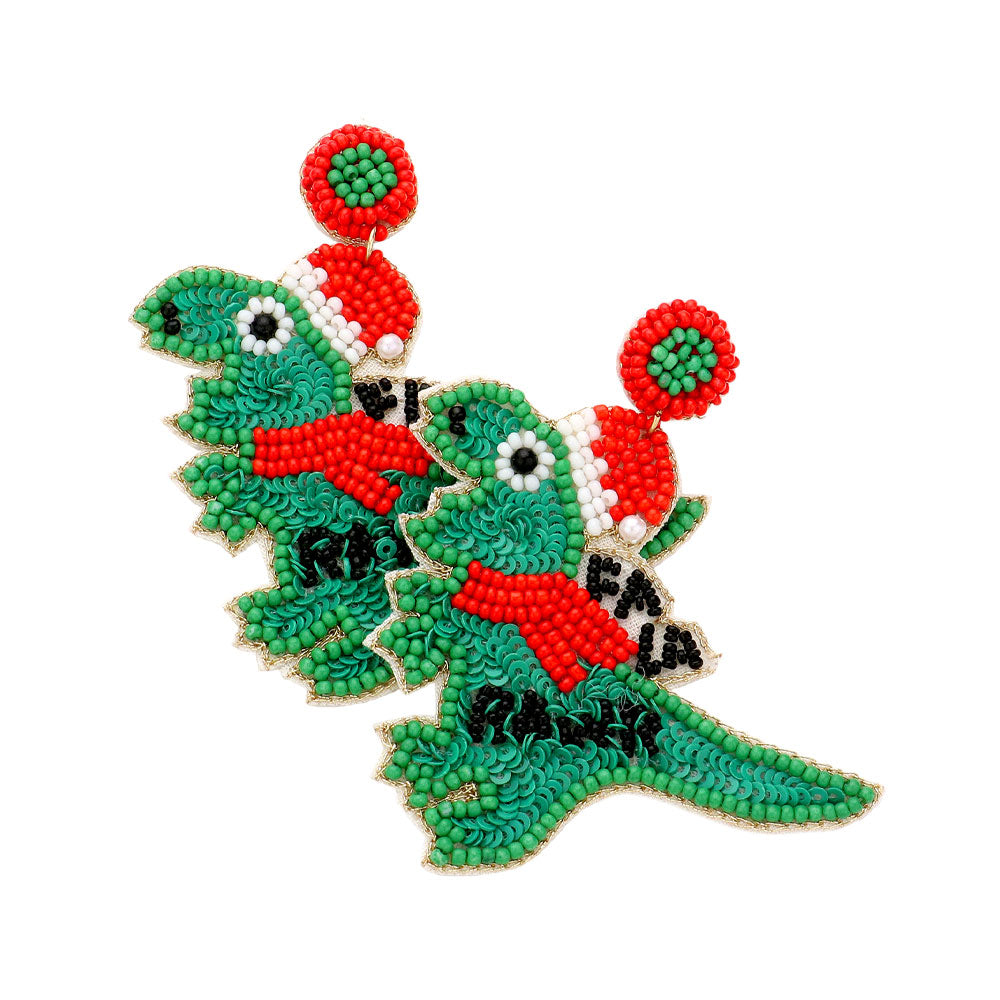 DINO GREEN SANTA SEEDBEAD EARRINGS
