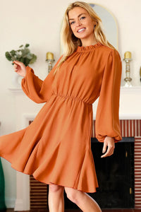 RUST MOCK RUFFLE NECK WOVEN DRESS