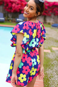 NAVY PINK MAGENTA YELLOW WHITE FEELING BOLD FLORAL SMOCKED WAIST FLUTTER ROMPER-PLUS