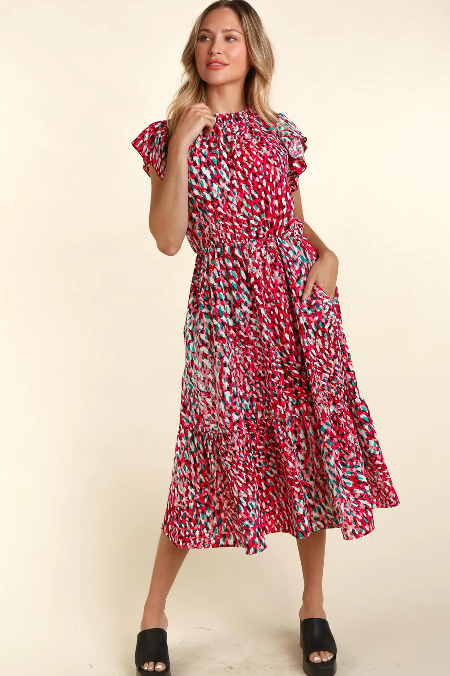 FUCHSIA TEAL MOCK NECK BACK BUTTON SIDE POCKETED MIDI DRESS