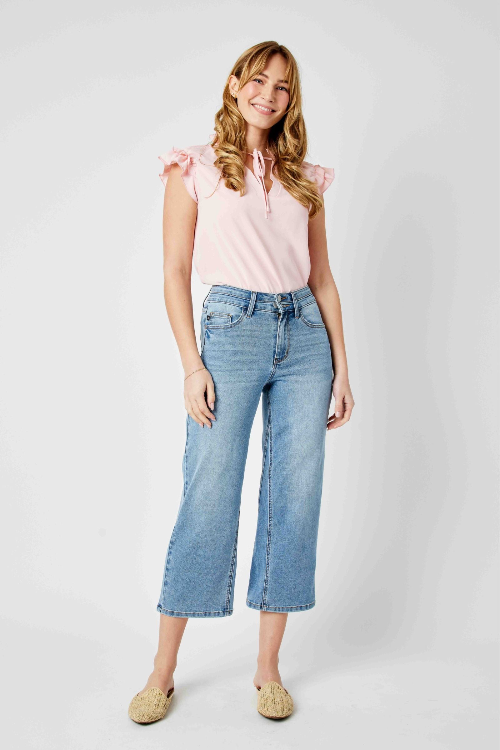 MEDIUM WASH HIGH WAIST DOUBLE WAISTBAND CROPPED WIDE LEG JUDY BLUE DENIM-PLUS