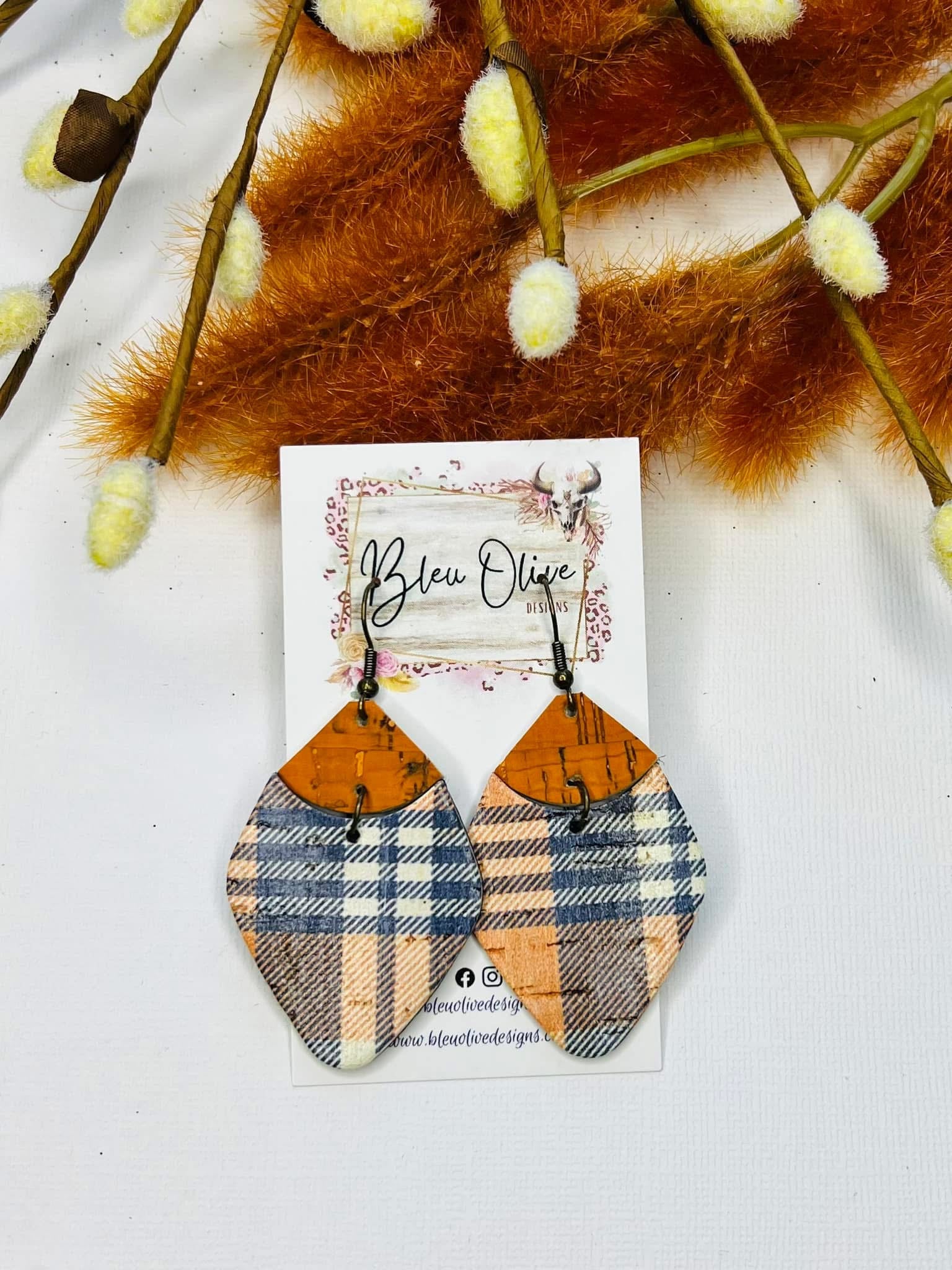 NAVY ORANGE RUST PLAID FLANNEL TWO TIER GEO DIAMOND DANGLE HANDMADE EARRINGS BY B.O.D