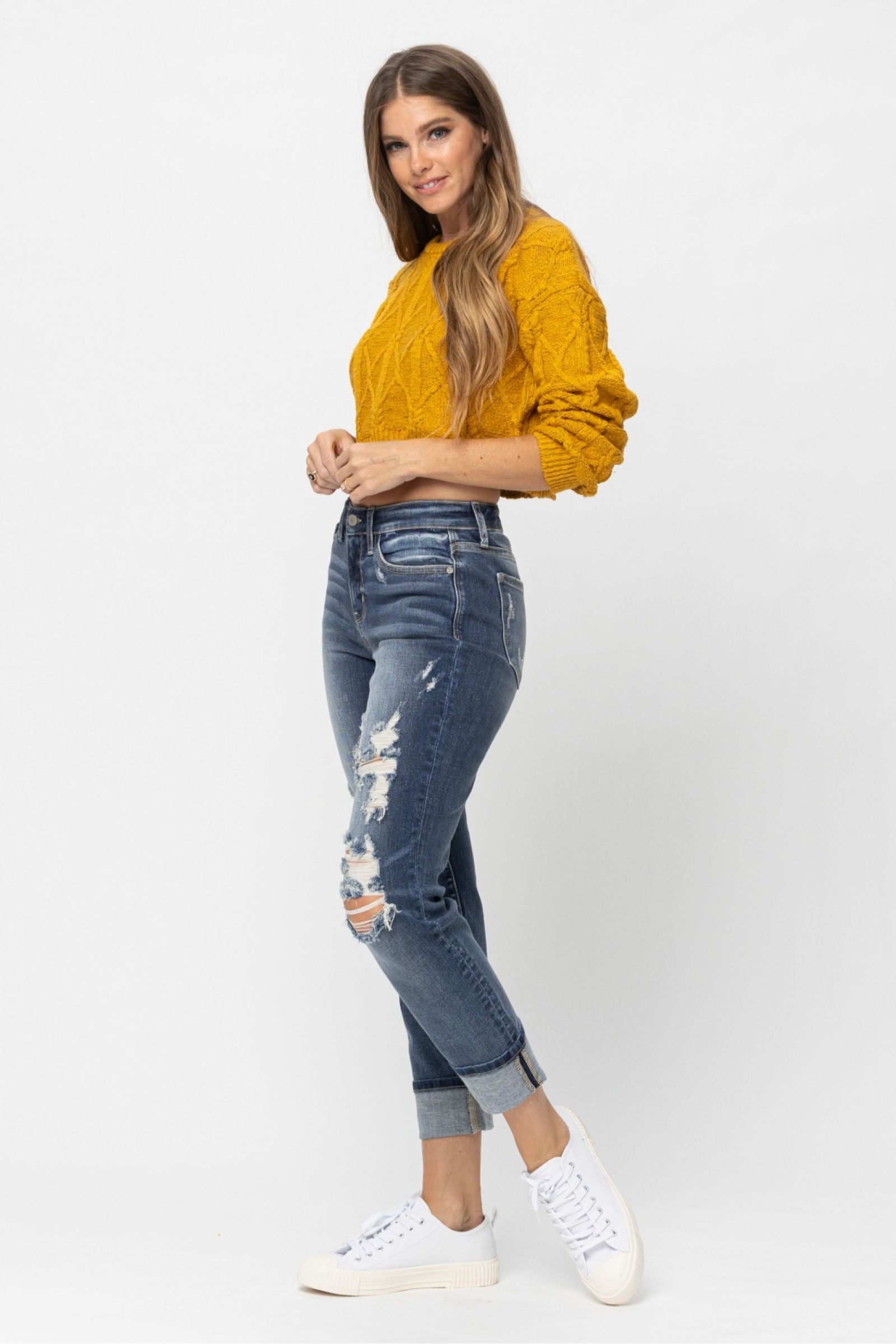 MID RISE CUFFED DESTROYED BOYFRIEND MEDIUM WASH JUDY BLUE DENIM