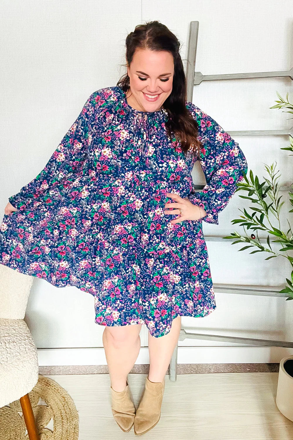 NAVY FLORAL BOW TIE BABYDOLL LONG SLEEVE RUFFLE DRESS