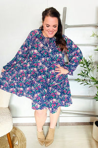NAVY FLORAL BOW TIE BABYDOLL LONG SLEEVE RUFFLE DRESS