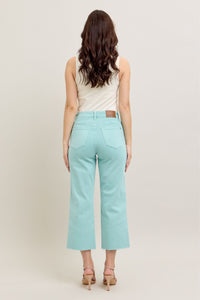 LIGHT BLUE SKY HIGH WAIST GARMENT DYED RAW HEM CROP WIDE LEG JUDY BLUE DENIM-PLUS