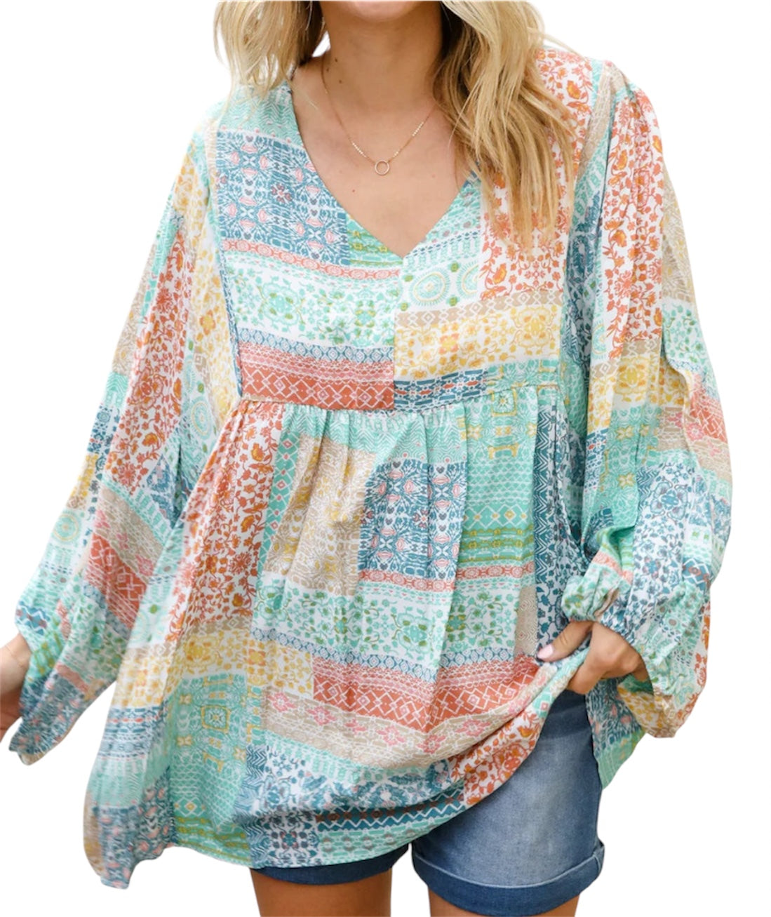 MINT PEACH BOHEMIAM PRINTED PATCHWORK 3/4 BUBBLE SLEEVE VNECK TOP- PLUS- SALE- 1X & 2X AVAILABLE