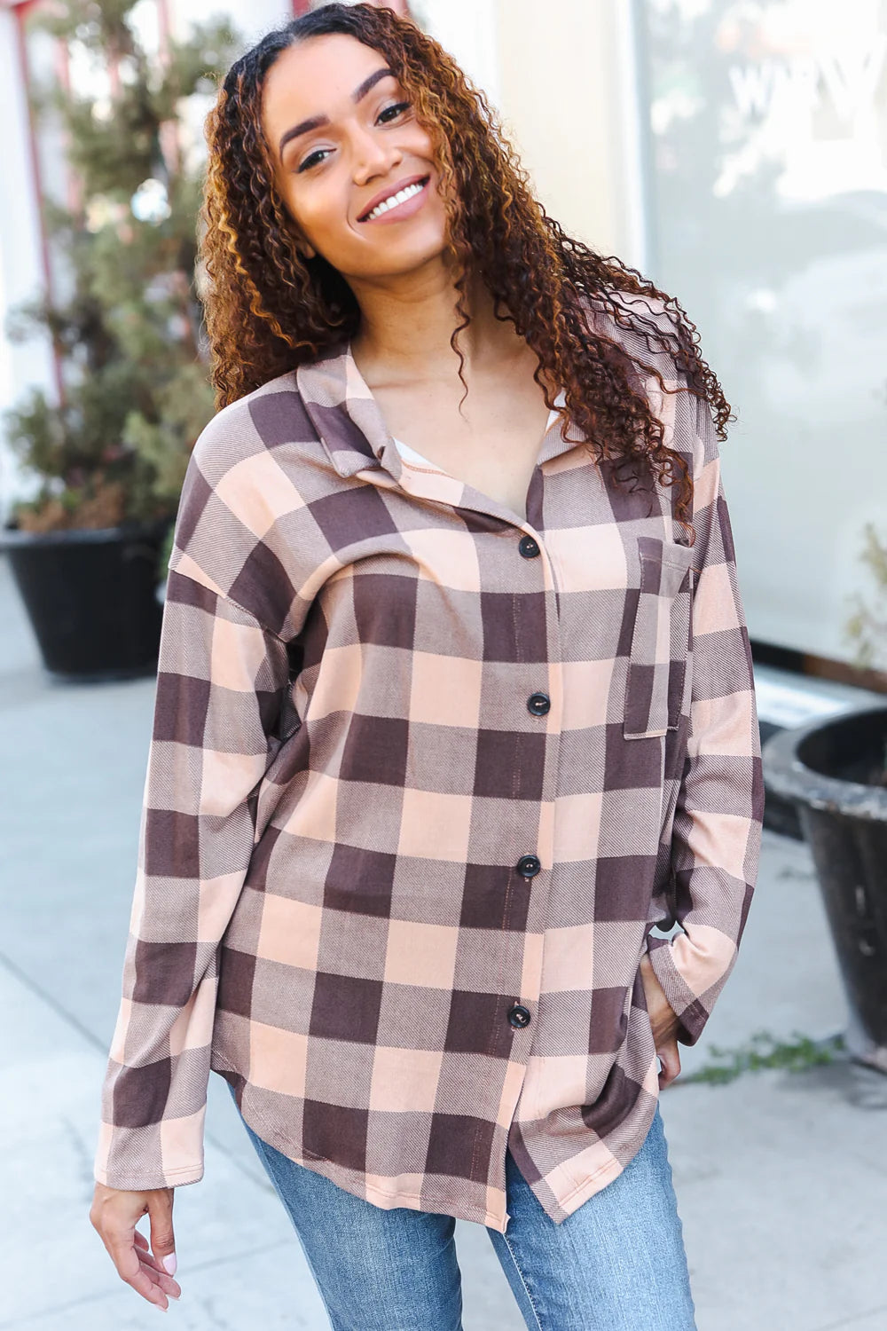 TAUPE PLAID BUTTON DOWN TOP