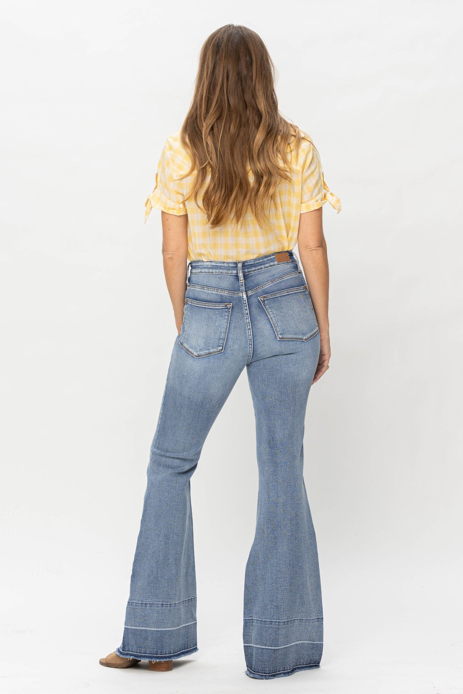 MEDIUM WASH HIGH WAIST TUMMY CONTROL WITH RELEASE HEM FLARE JUDY BLUE DENIM-PLUS