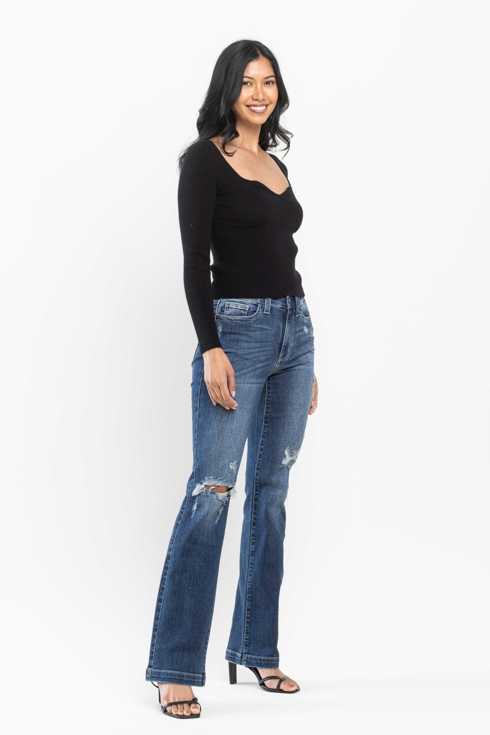 DARKWASH MID RISE HAND SAND DESTROYED BOOTCUT JUDY BLUE DENIM-PLUS