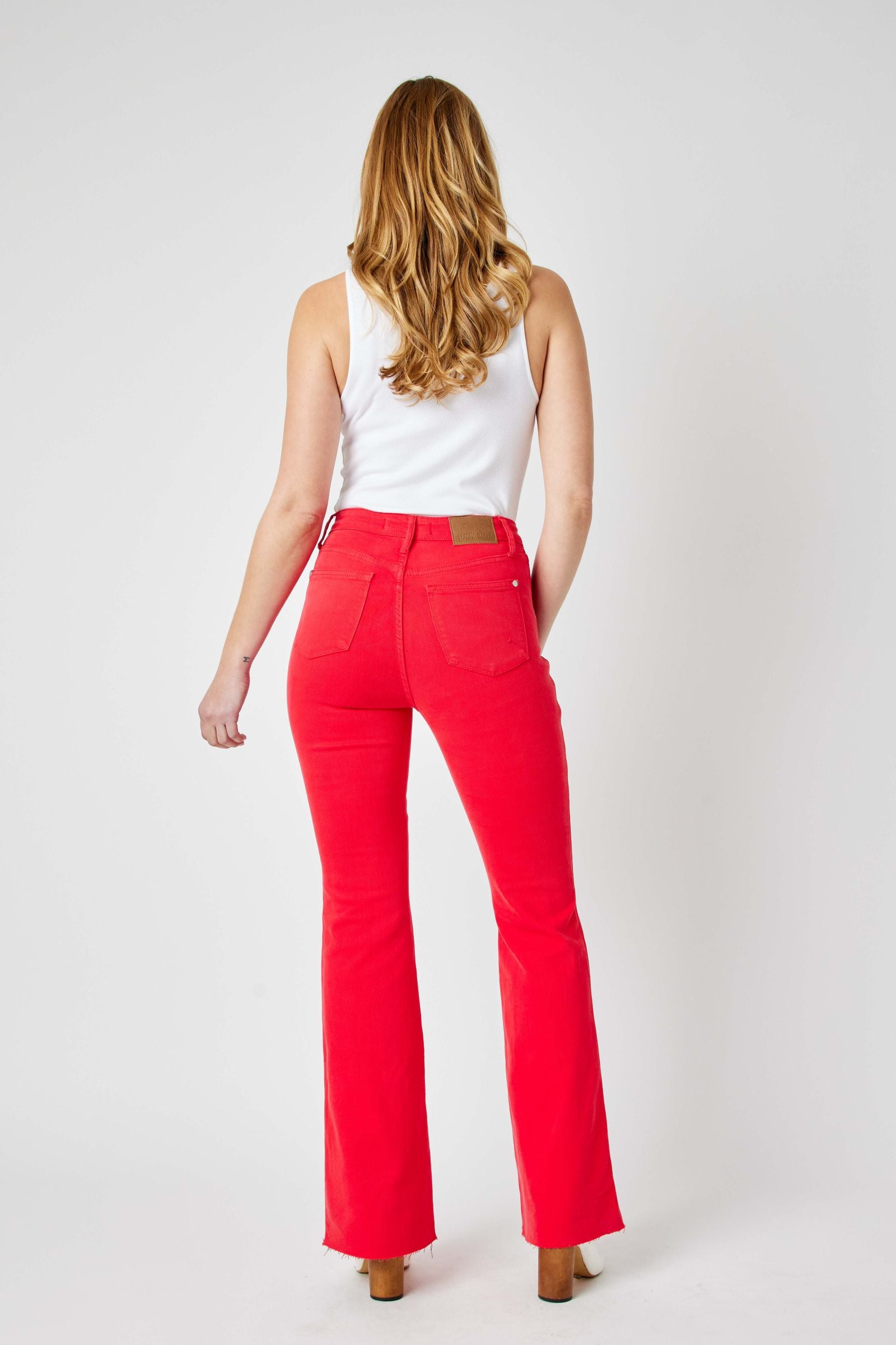 RED HIGH WAIST TUMMY CONTROL GARMENT DYED FLARE JUDY BLUE DENIM