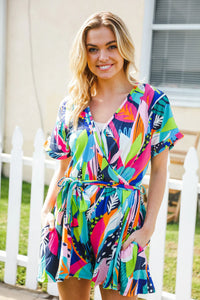 BUTTERY SOFT TROPICCAL PRINT NAVY PINK ORANGE GREEN BRIGHT VIVID SUMMER SURPLICE TIE WAIST ROMPER-PLUS