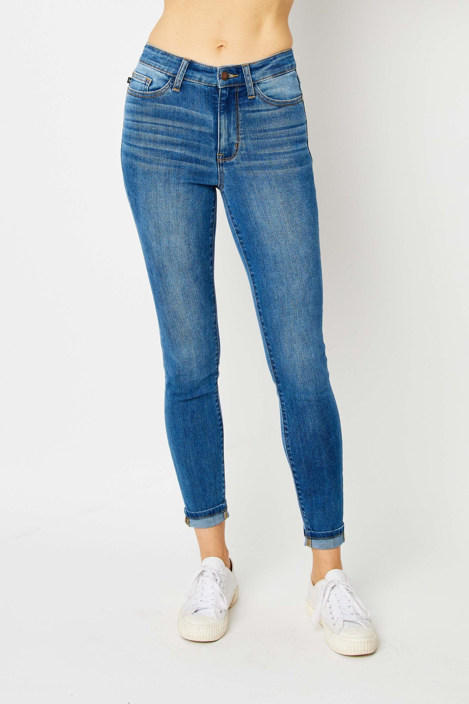 MEDIUM WASH HIGH WAIST CUFFED HEM SKINNY JUDY BLUE DENIM-PLUS