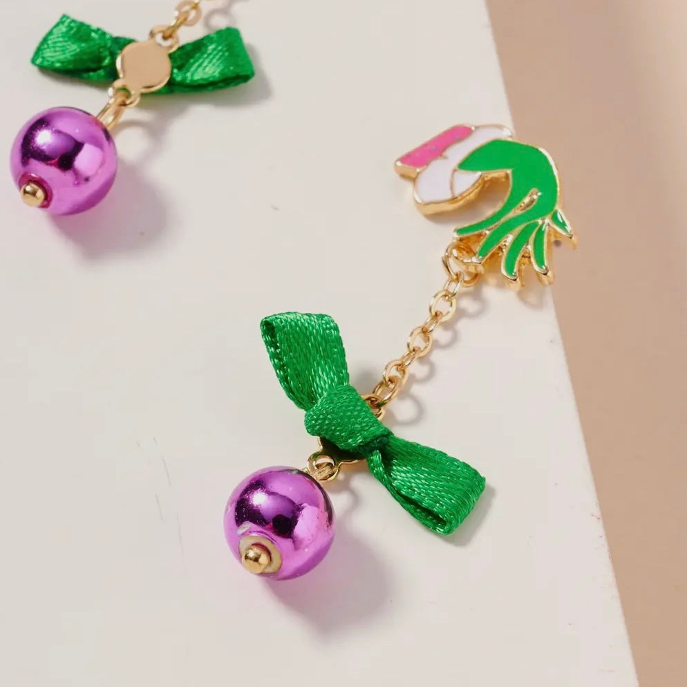 PINK GREEN GRINCH HAND POM POM TASSEL DANGLING EARRINGS