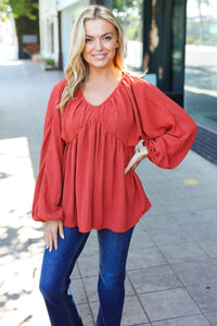 RUST SWEETHEART VNECK WOVEN BABYDOLL LONG SLEEVE BUBBLE TOP
