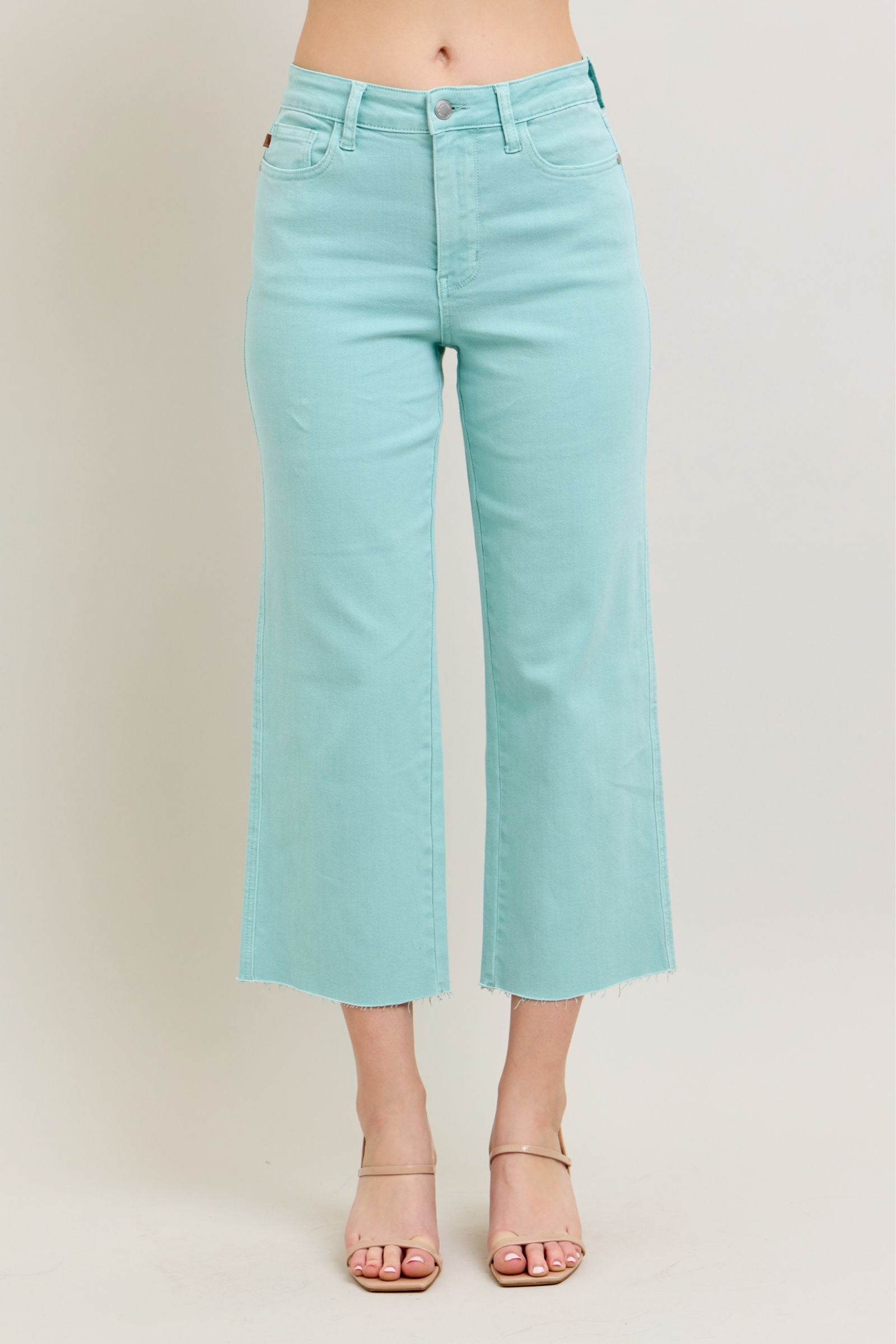 LIGHT BLUE SKY HIGH WAIST GARMENT DYED RAW HEM CROP WIDE LEG JUDY BLUE DENIM
