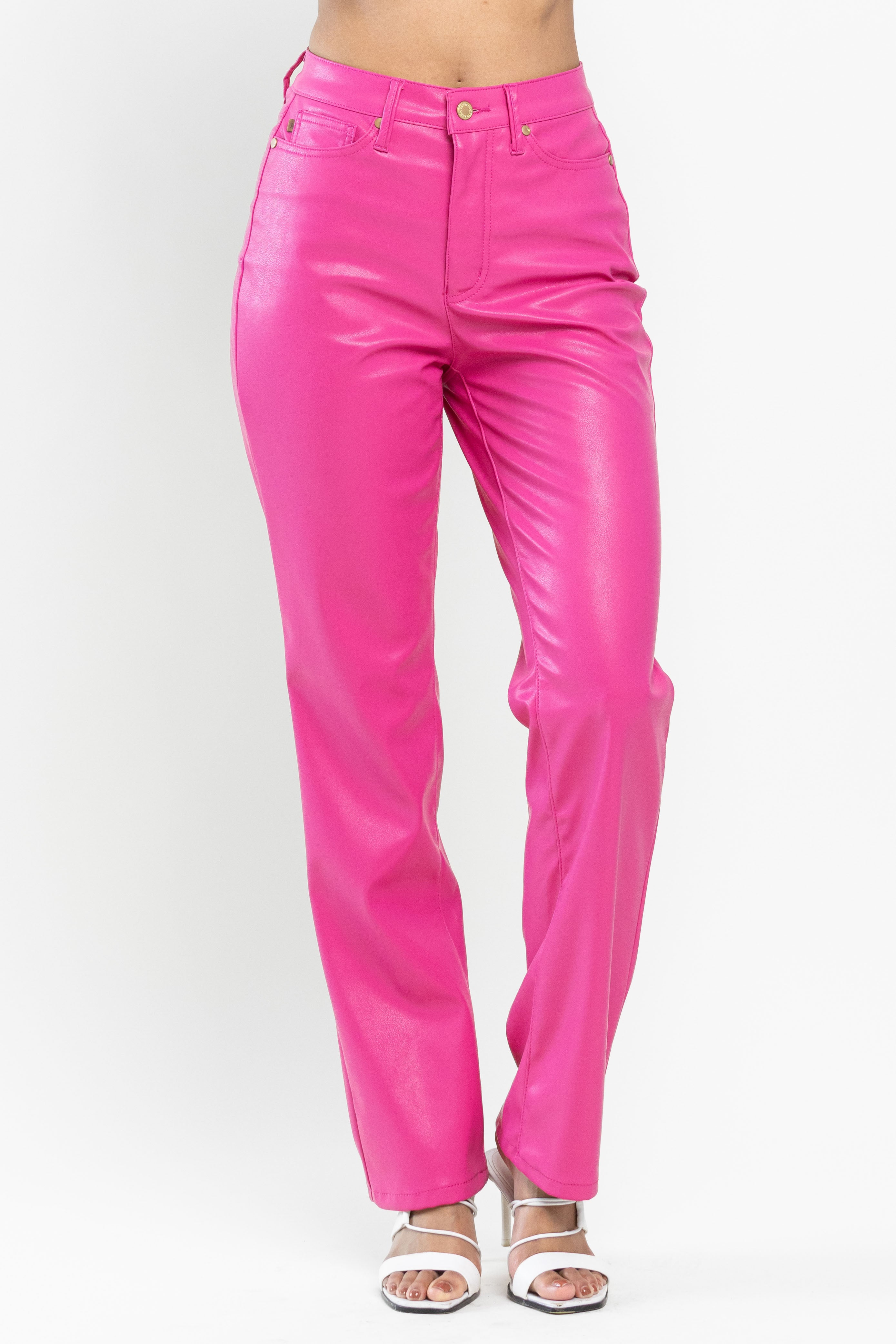 STRAIGHT LEG HOT PINK BARBIE COLOR FAUX LEATHER PANTS BY JUDY BLUE TUMMY CONTROL- SIZE 7/28