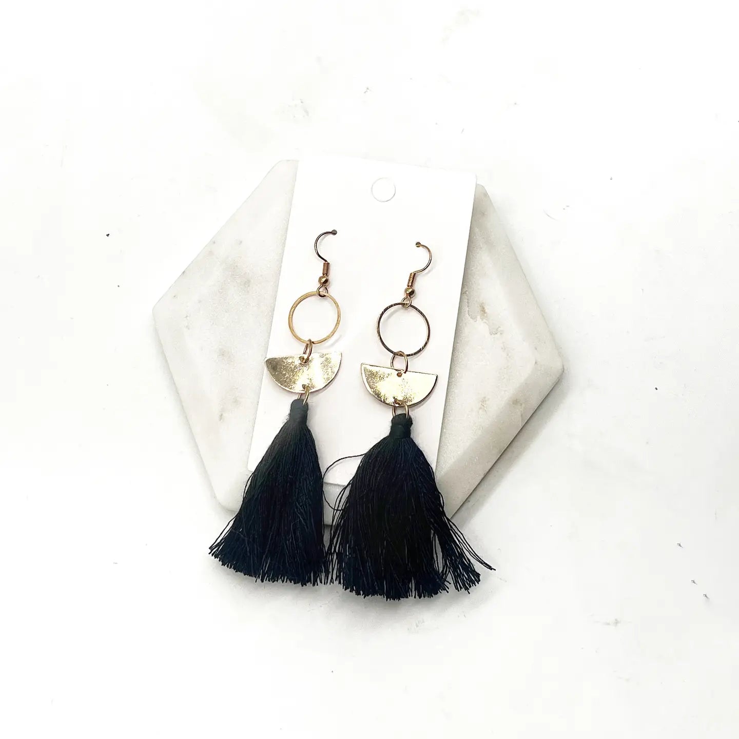 GOLD SEMI CIRCLE BLACK TASSEL STATEMENT HANDMADE BBB EARRINGS