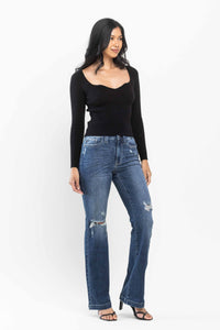 DARKWASH MID RISE HAND SAND DESTROYED BOOTCUT JUDY BLUE DENIM-PLUS