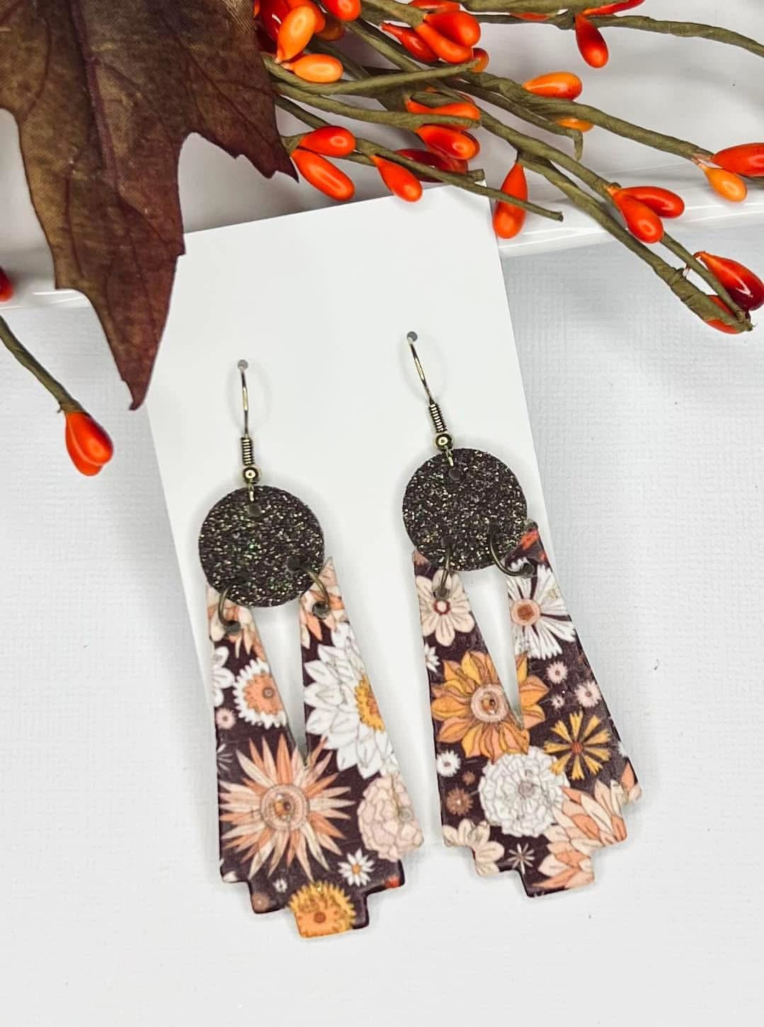 GROOVY HIPPIE FLOWERS IN WARM TONE COLORS GEO-SHAPE GLITTER DANGLES LEATHER HANDMADE EARRINGS BY B.O.D
