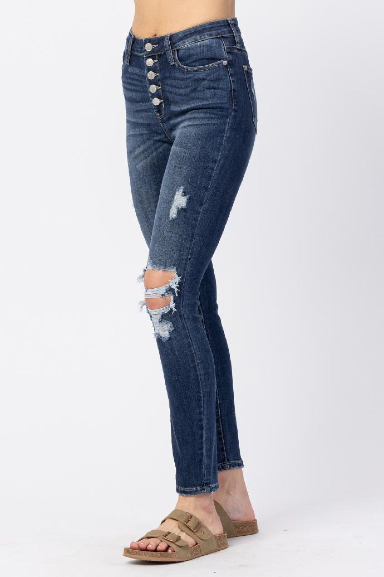 HIGH RISE BUTTON FLY CUFFED SKINNY DARKWASH JUDY BLUE DENIM