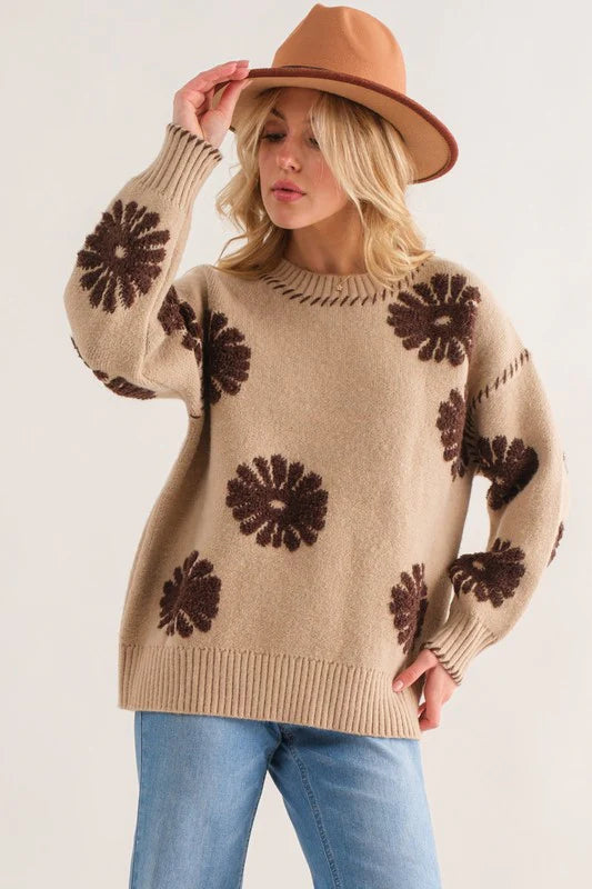 TAUPE BROWN FLORAL DESIGN THICK SWEATER-PLUS