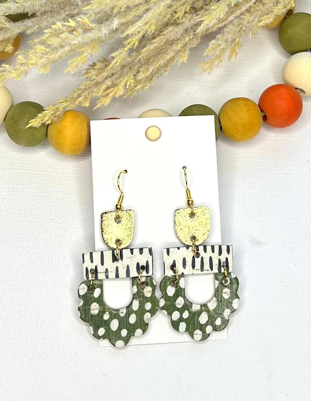 GOLD METALLIC, BLACK & IVORY STRIPED, OLIVE GREEN & IVORY DOTS LEATHER 3-TIER GEO SHAPE DANGLES HANDMADE EARRINGS BY B.O.D