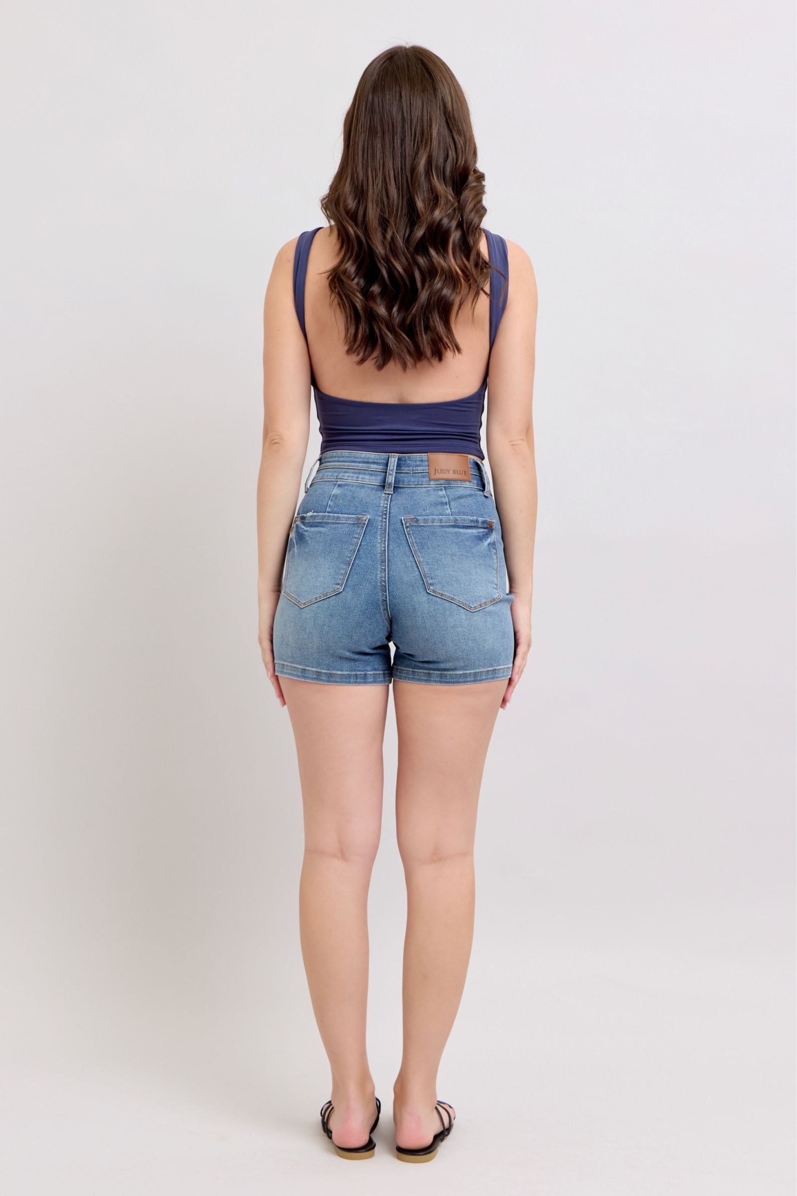 MEDIUM WASH HIGH WAIST TUMMY CONTROL COOL DENIM DOUBLE WAISTBAND SHORTS BY JUDY BLUE